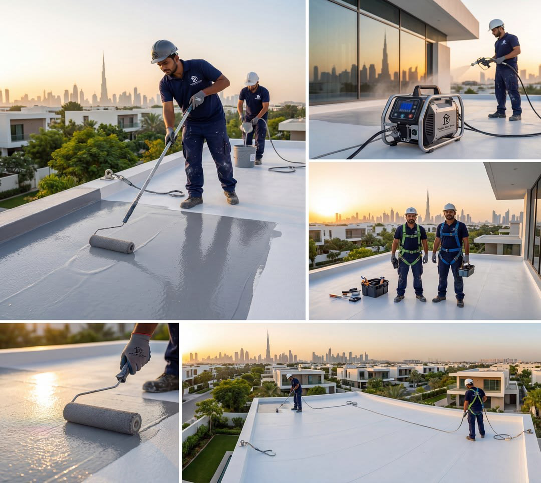 Roofer applying sealant along a roof edge